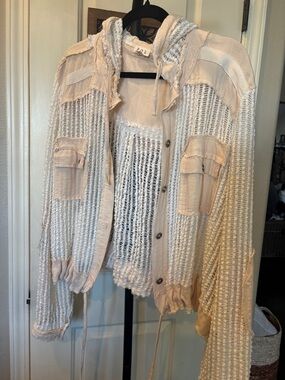 POL Cream Open-Knit Hooded Utility Jacket